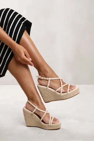 ANNA ESPADRILLE WEDGE SHOES WITH BUCKLE ANKLE STRAP IN CREAM FAUX LEATHER