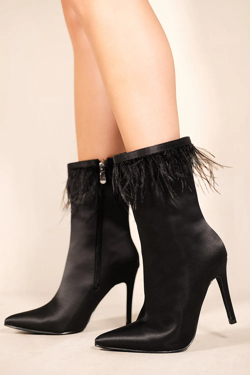 BELLIE POINTED TOE HIGH HEEL CALF BOOTS WITH FEATHER IN BLACK FAUX LEATHER