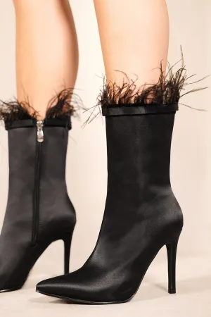 BELLIE POINTED TOE HIGH HEEL CALF BOOTS WITH FEATHER IN BLACK FAUX LEATHER