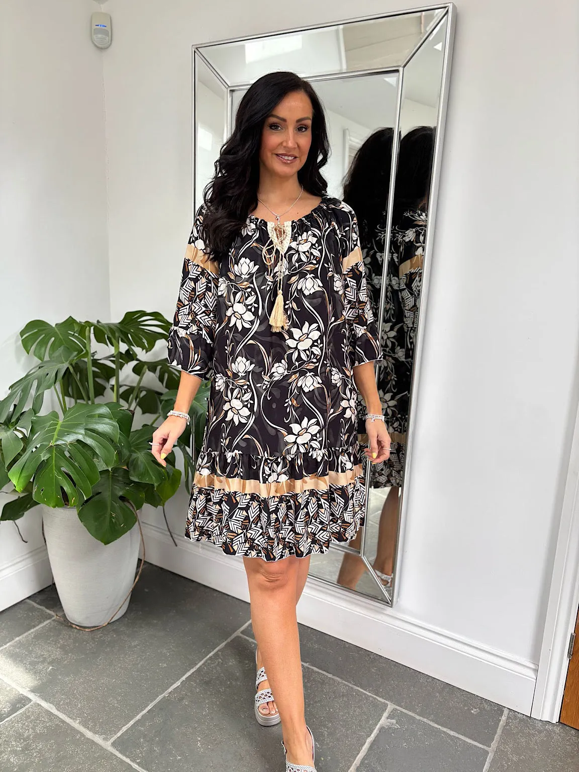 Black Flower Bardot Dress Della