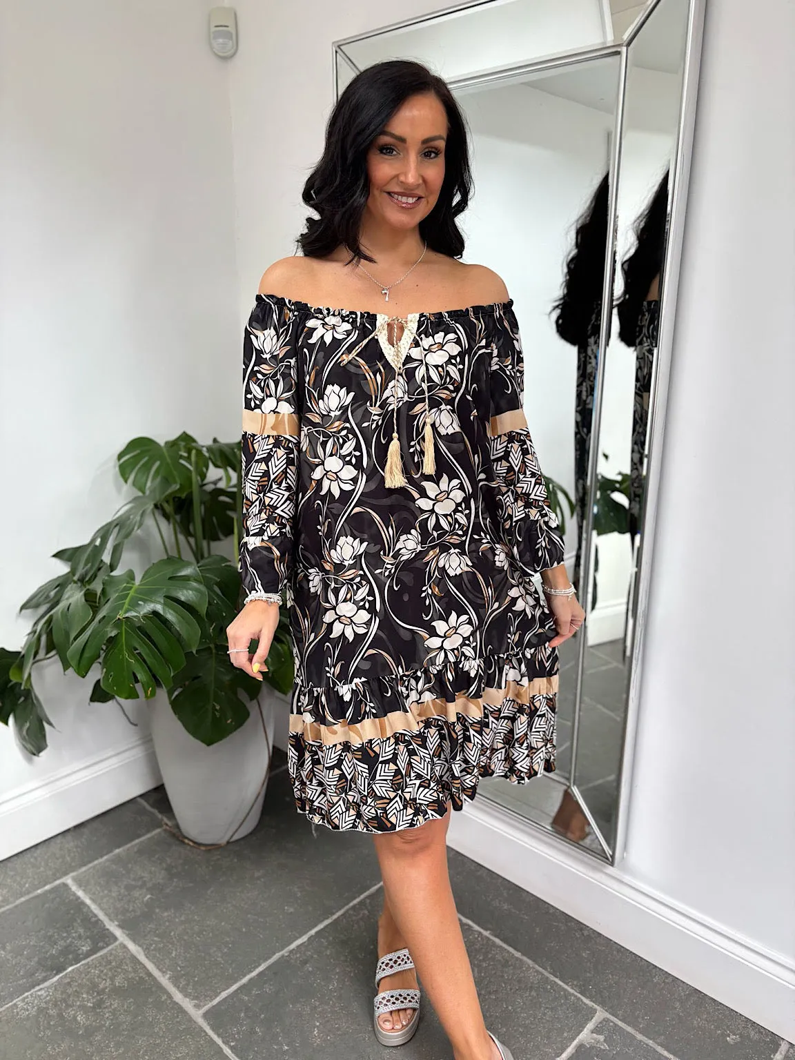 Black Flower Bardot Dress Della