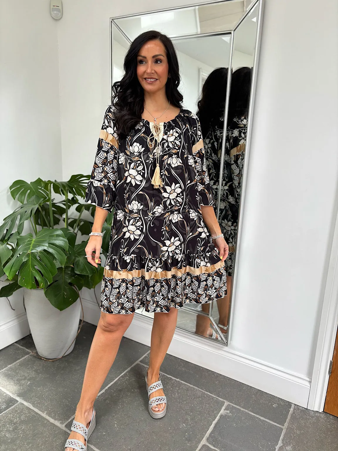 Black Flower Bardot Dress Della
