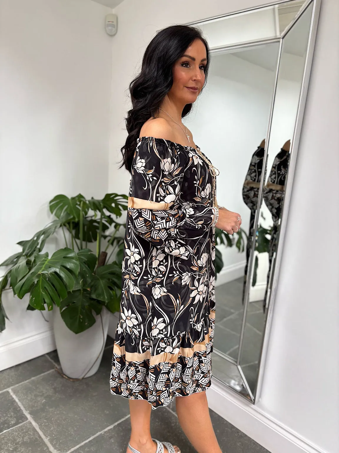 Black Flower Bardot Dress Della