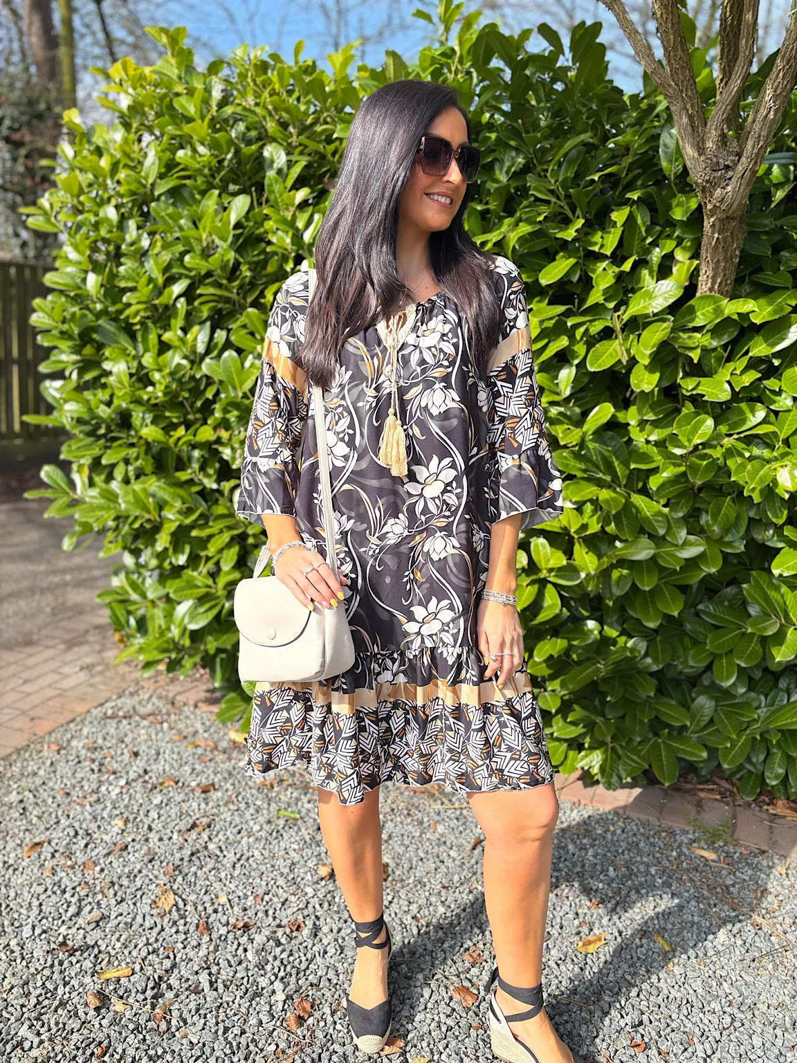 Black Flower Bardot Dress Della