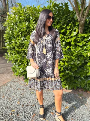 Black Flower Bardot Dress Della