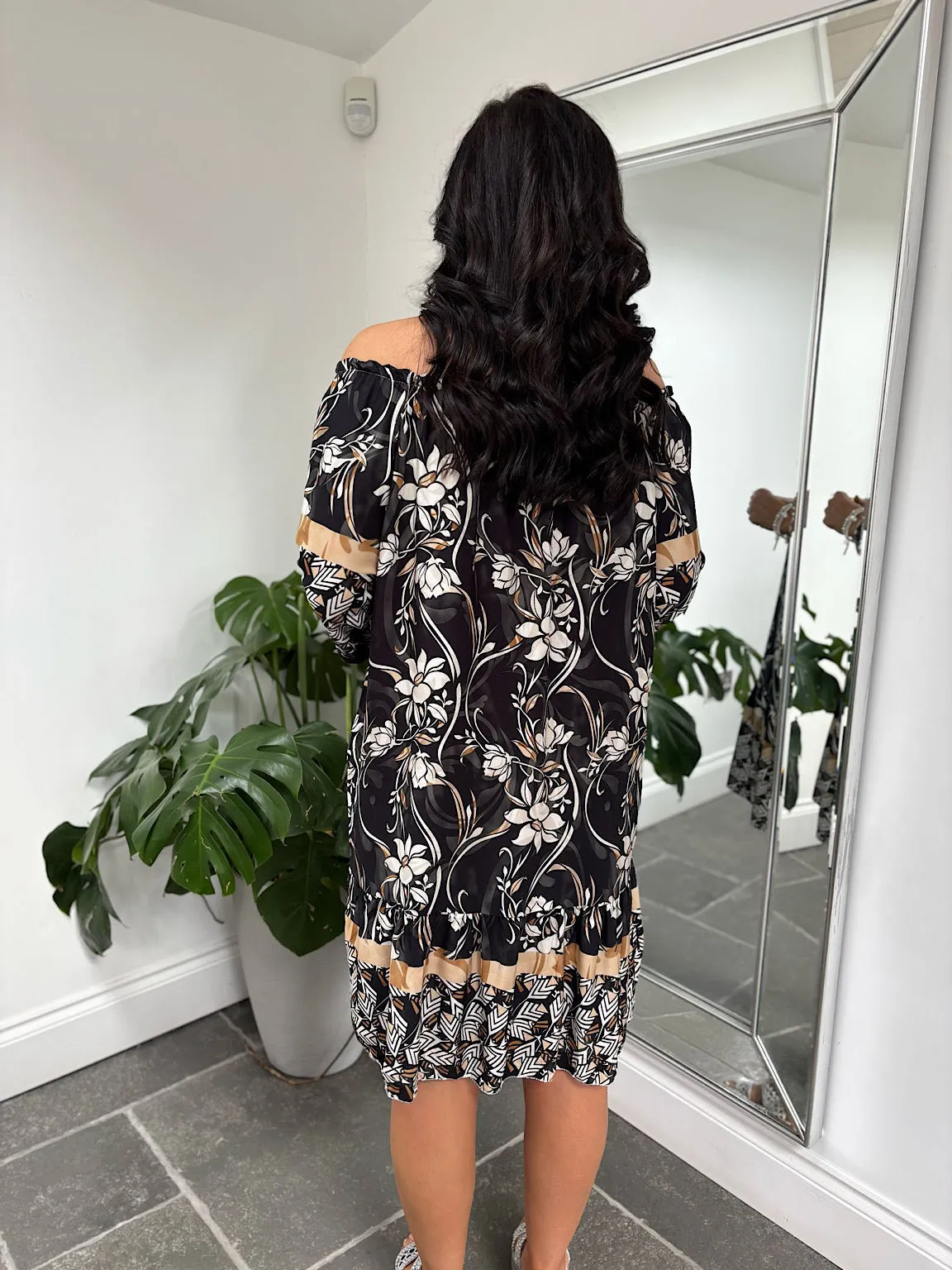 Black Flower Bardot Dress Della