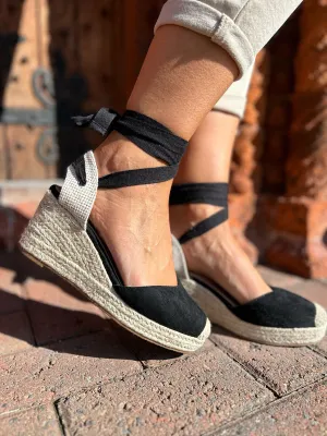 Black Lace Up Espadrille Wedge