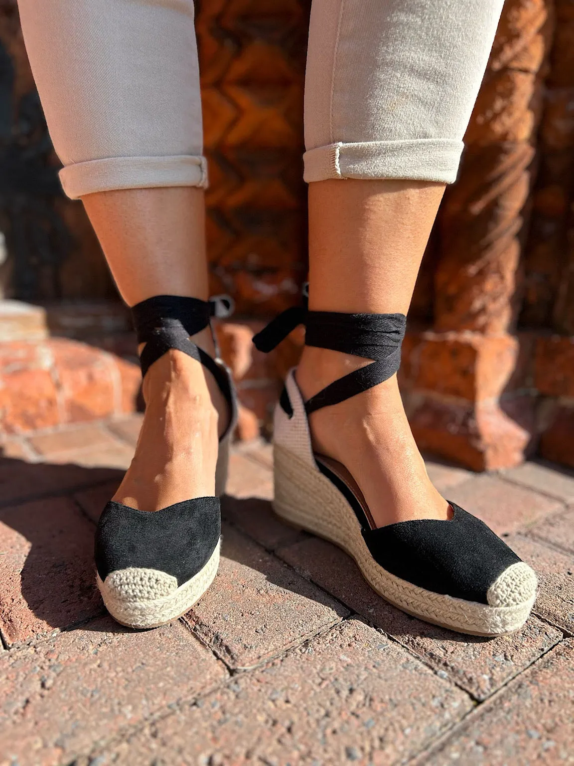 Black Lace Up Espadrille Wedge