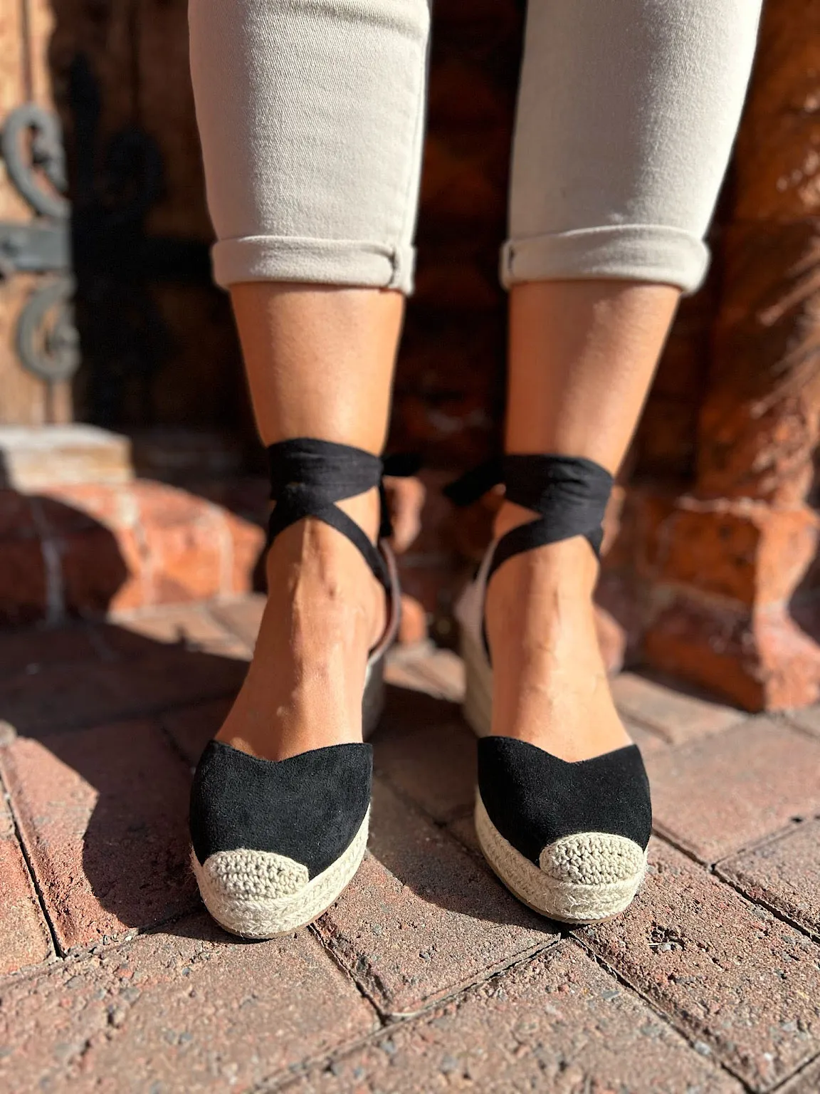 Black Lace Up Espadrille Wedge