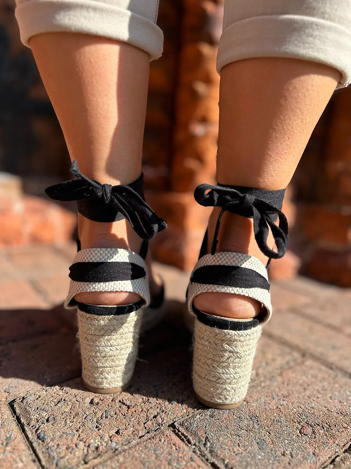 Black Lace Up Espadrille Wedge