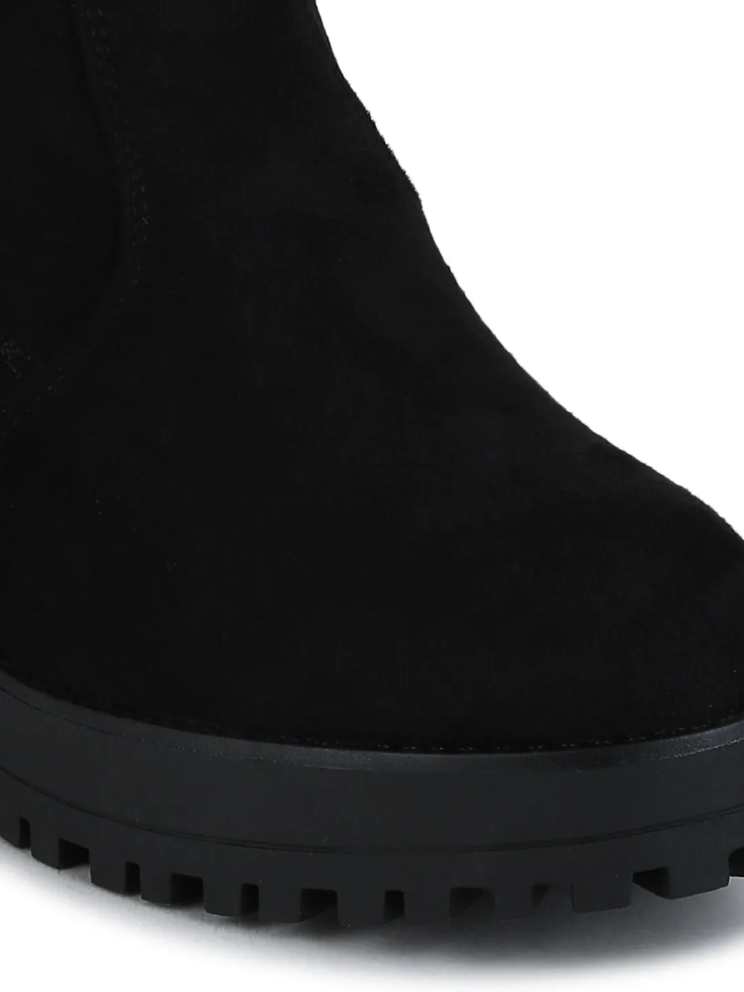 Black Stretch Micro Cleated Platform Block Heel Ankle Length Boots