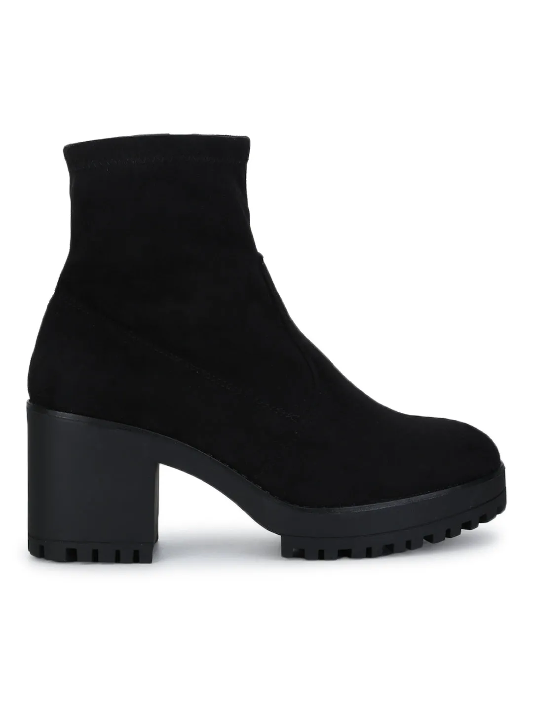 Black Stretch Micro Cleated Platform Block Heel Ankle Length Boots