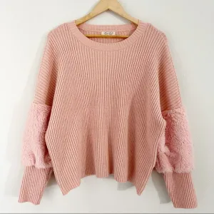 Blush Pink Ribbed Faux Fur Sleeve Sweater Sz Large