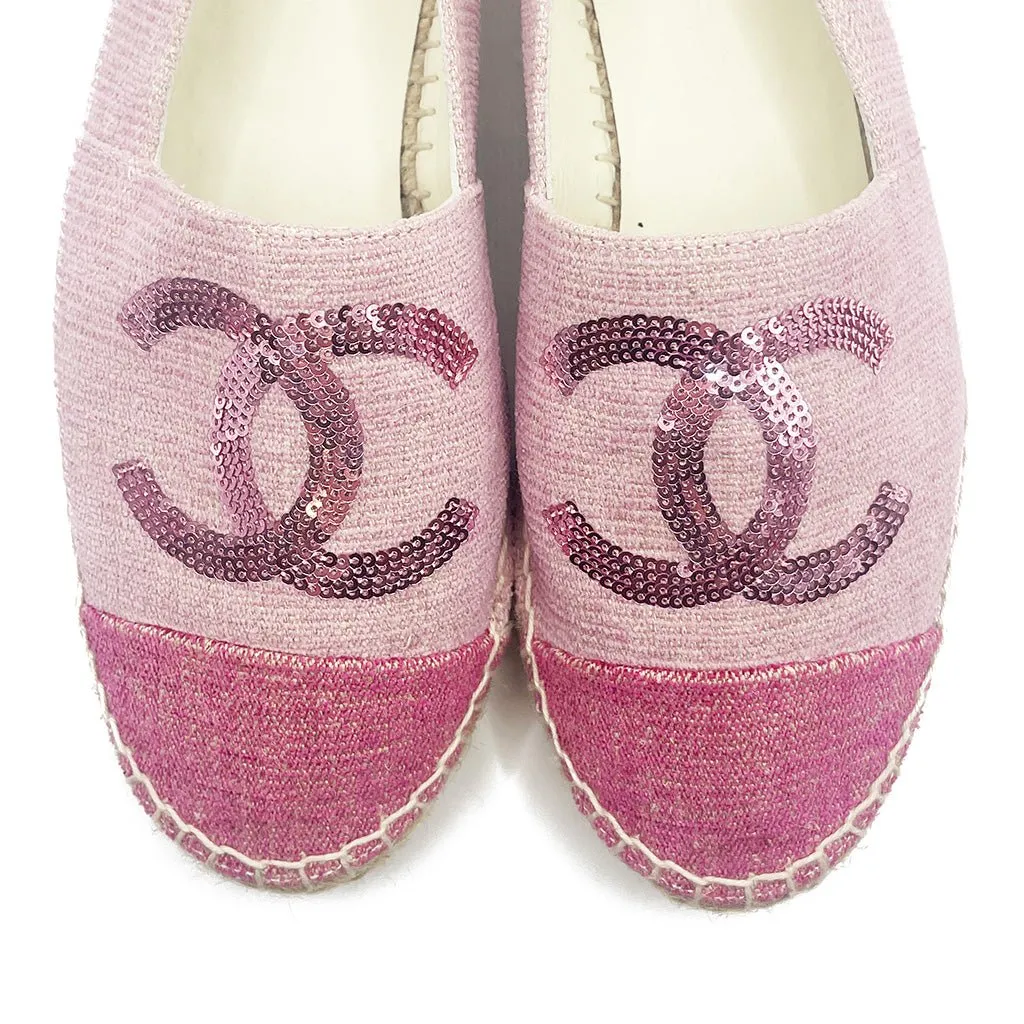 CHANEL CC Logo Canvas Pink Sequin Espadrilles Shoes 38