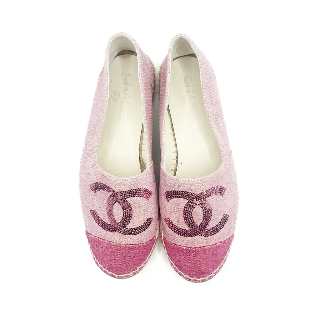 CHANEL CC Logo Canvas Pink Sequin Espadrilles Shoes 38