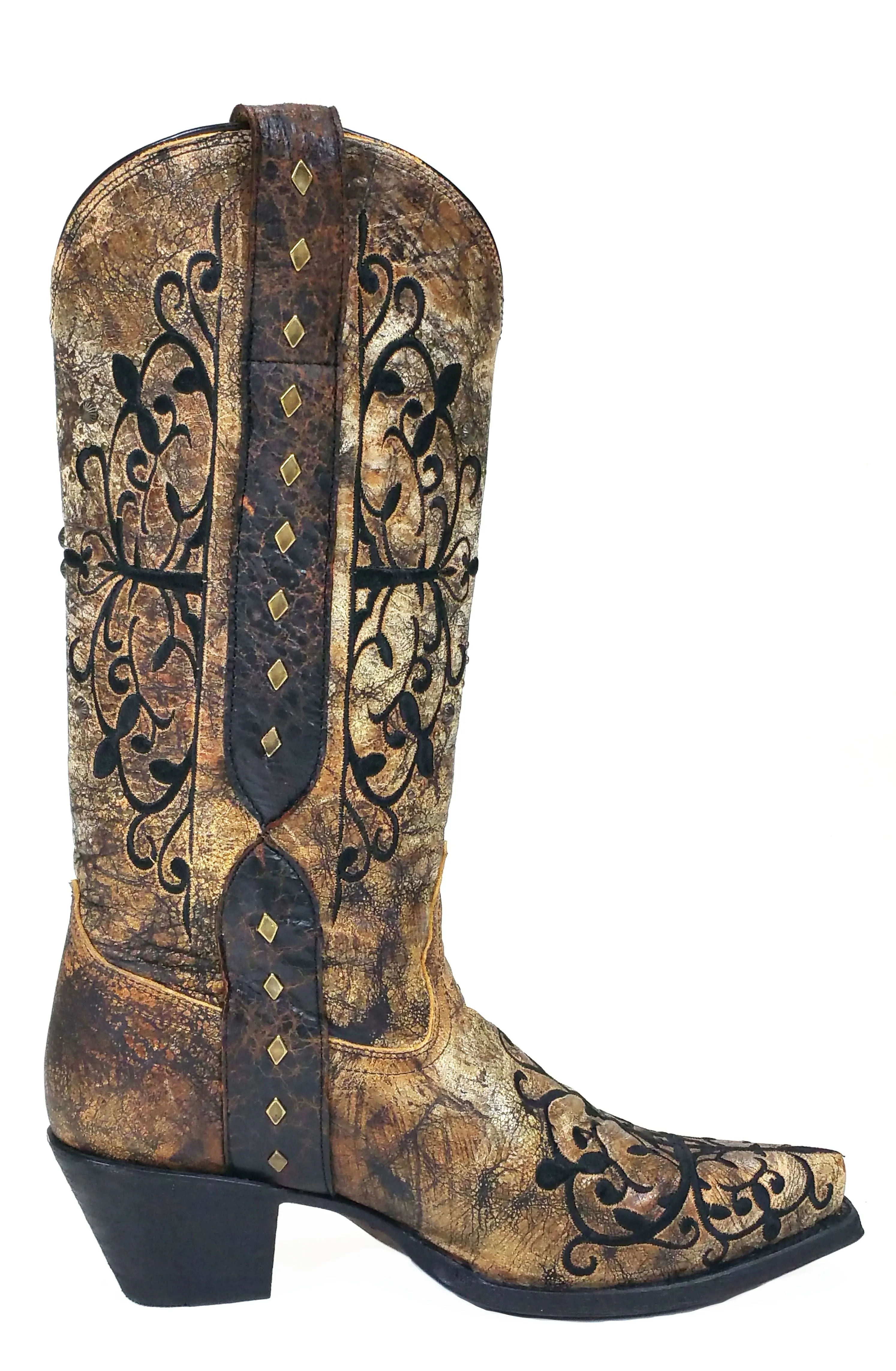 Corral Boots Black Bronze Long Pull Strap Snip Toe