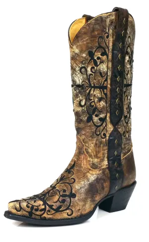 Corral Boots Black Bronze Long Pull Strap Snip Toe