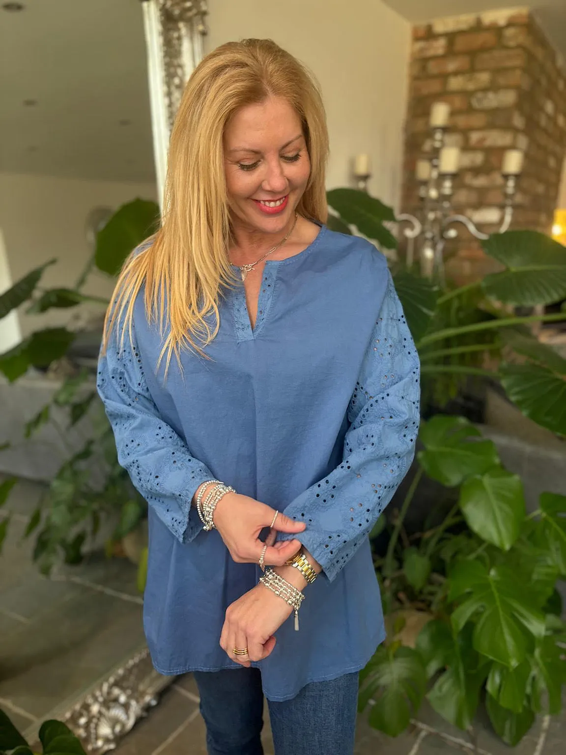 Denim Broderie Sleeve Detail Blouse Freida