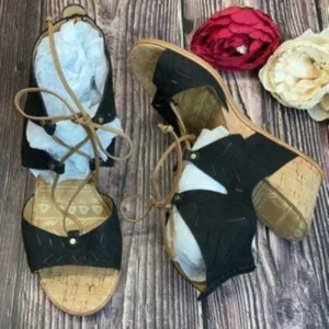 Dolce Vita Black Leather Cork Wedge Sandal 10M
