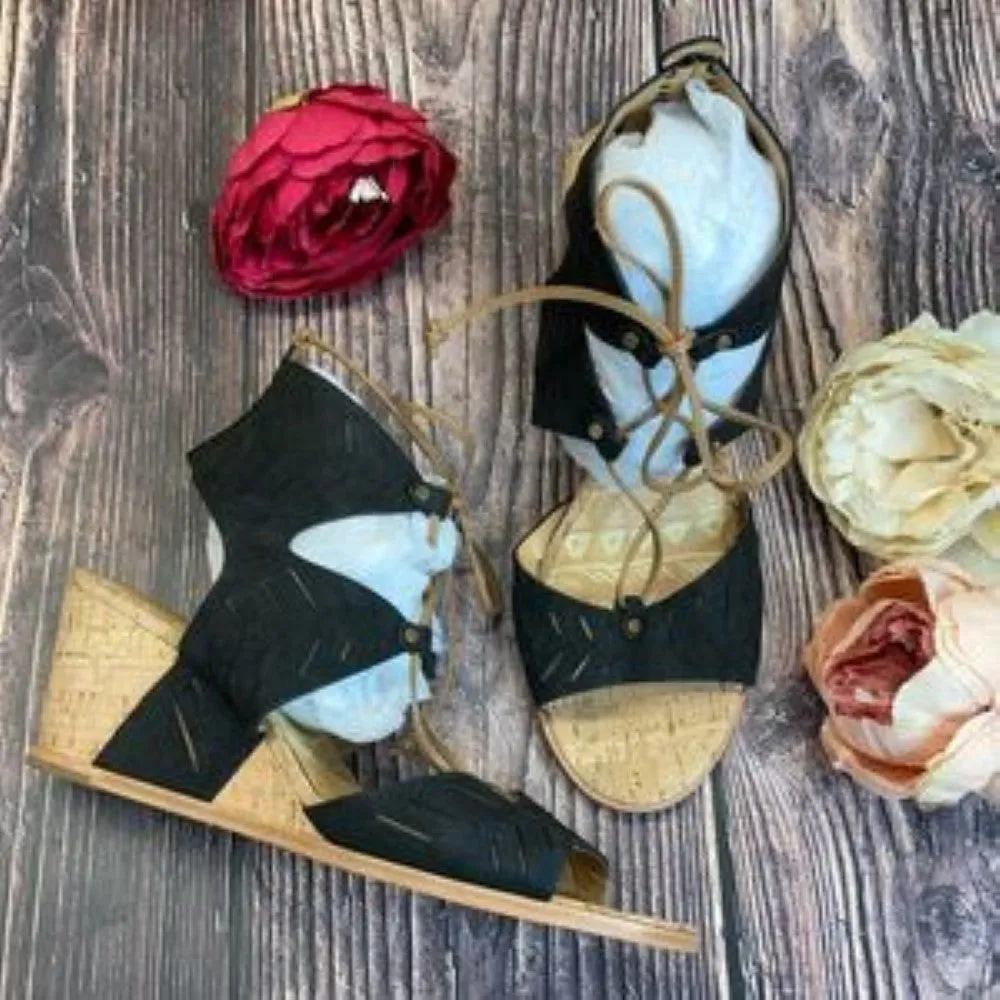 Dolce Vita Black Leather Cork Wedge Sandal 10M
