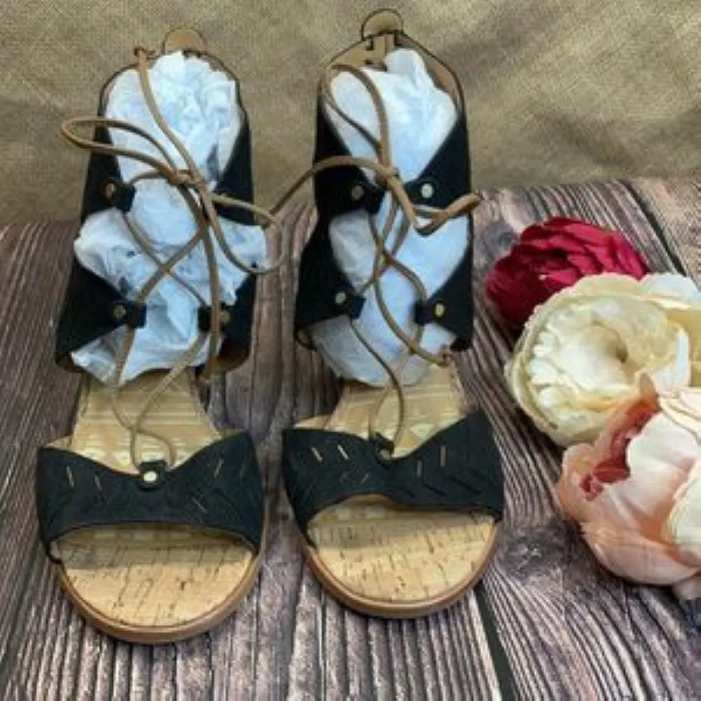 Dolce Vita Black Leather Cork Wedge Sandal 10M