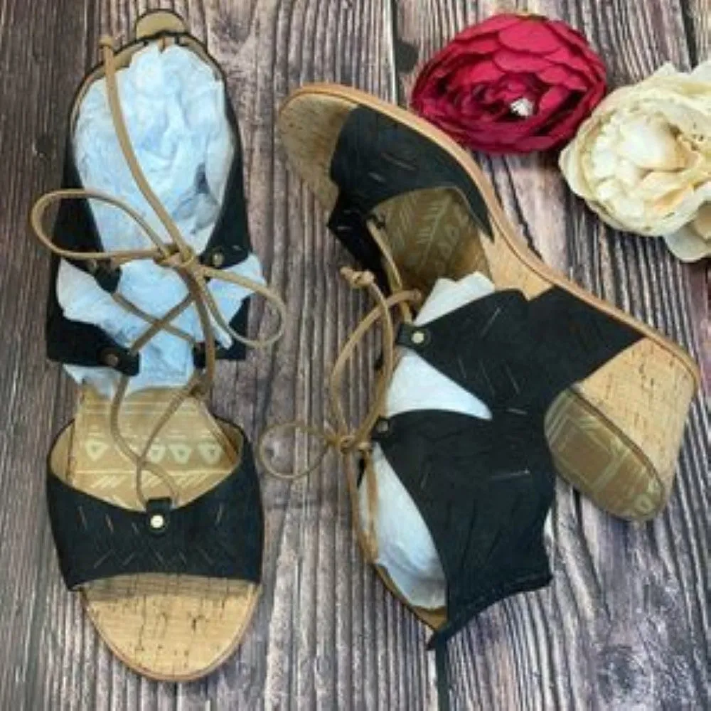 Dolce Vita Black Leather Cork Wedge Sandal 10M
