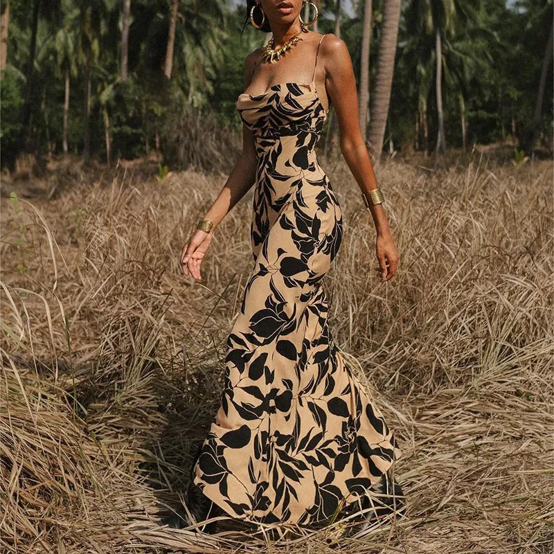 Elegant Printed Backless Spaghetti Strap Maxi Dress for Effortless Glamour