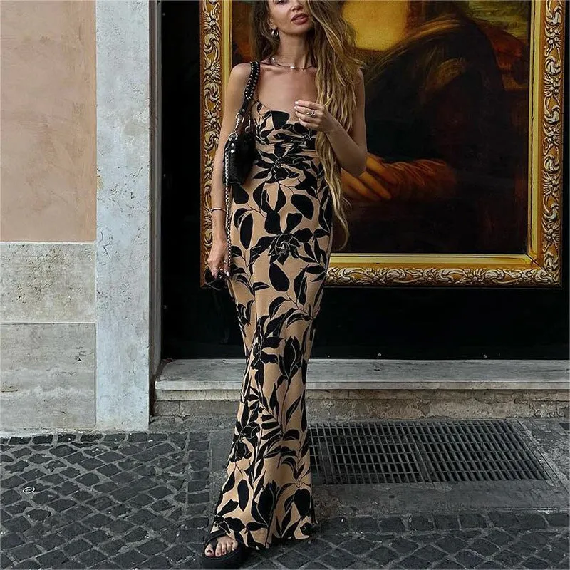 Elegant Printed Backless Spaghetti Strap Maxi Dress for Effortless Glamour