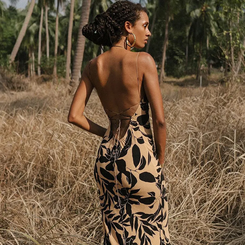 Elegant Printed Backless Spaghetti Strap Maxi Dress for Effortless Glamour