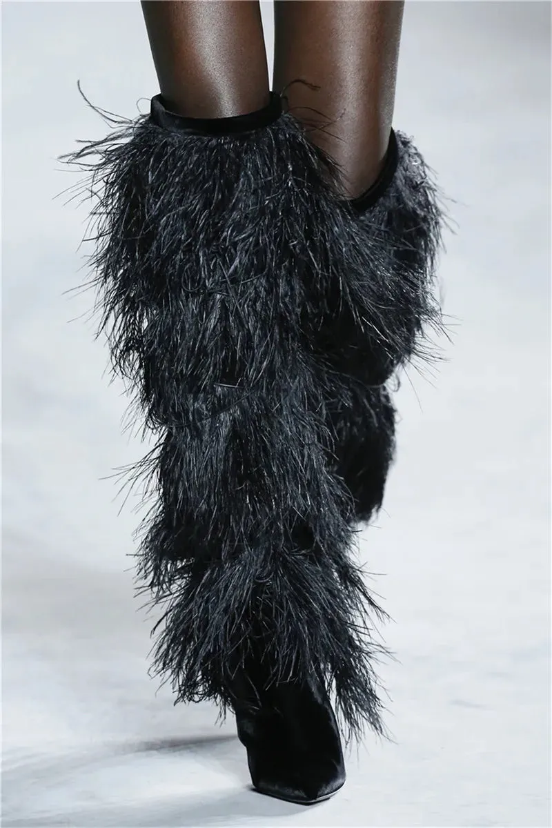 Feather Women's High Boots Suede Cross-tied Pointed Toe Party High Heel Shoes Sexy Ostrich Feather Women's Over The Knee Boots