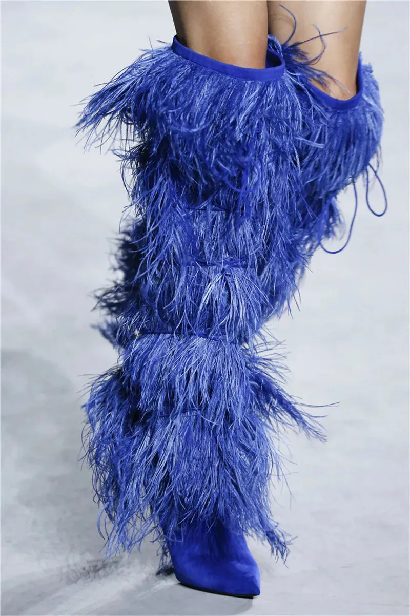 Feather Women's High Boots Suede Cross-tied Pointed Toe Party High Heel Shoes Sexy Ostrich Feather Women's Over The Knee Boots