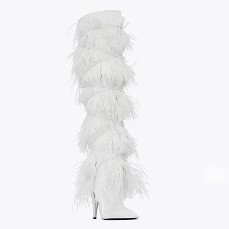 Feather Women's High Boots Suede Cross-tied Pointed Toe Party High Heel Shoes Sexy Ostrich Feather Women's Over The Knee Boots