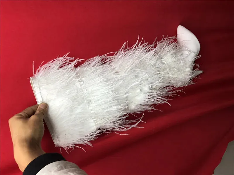 Feather Women's High Boots Suede Cross-tied Pointed Toe Party High Heel Shoes Sexy Ostrich Feather Women's Over The Knee Boots