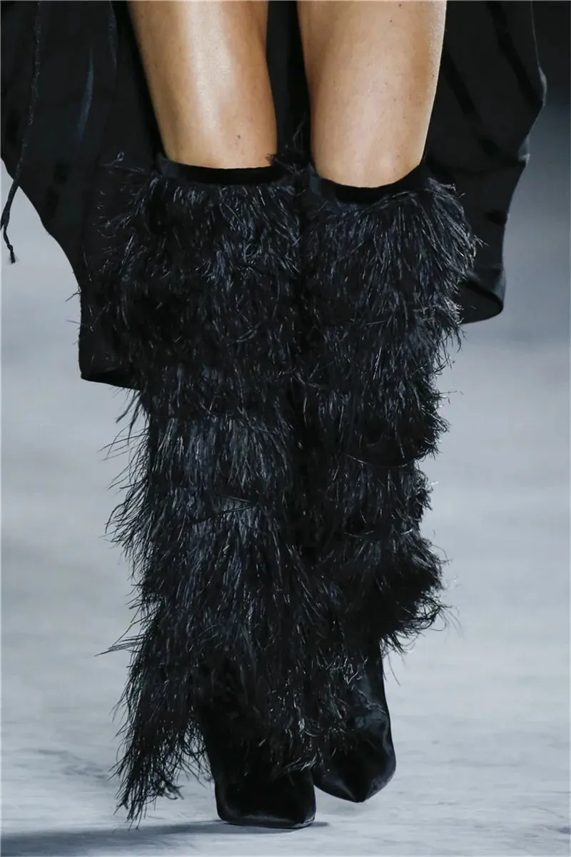 Feather Women's High Boots Suede Cross-tied Pointed Toe Party High Heel Shoes Sexy Ostrich Feather Women's Over The Knee Boots
