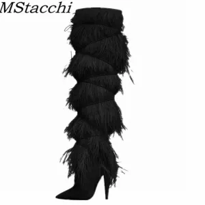 Feather Women's High Boots Suede Cross-tied Pointed Toe Party High Heel Shoes Sexy Ostrich Feather Women's Over The Knee Boots