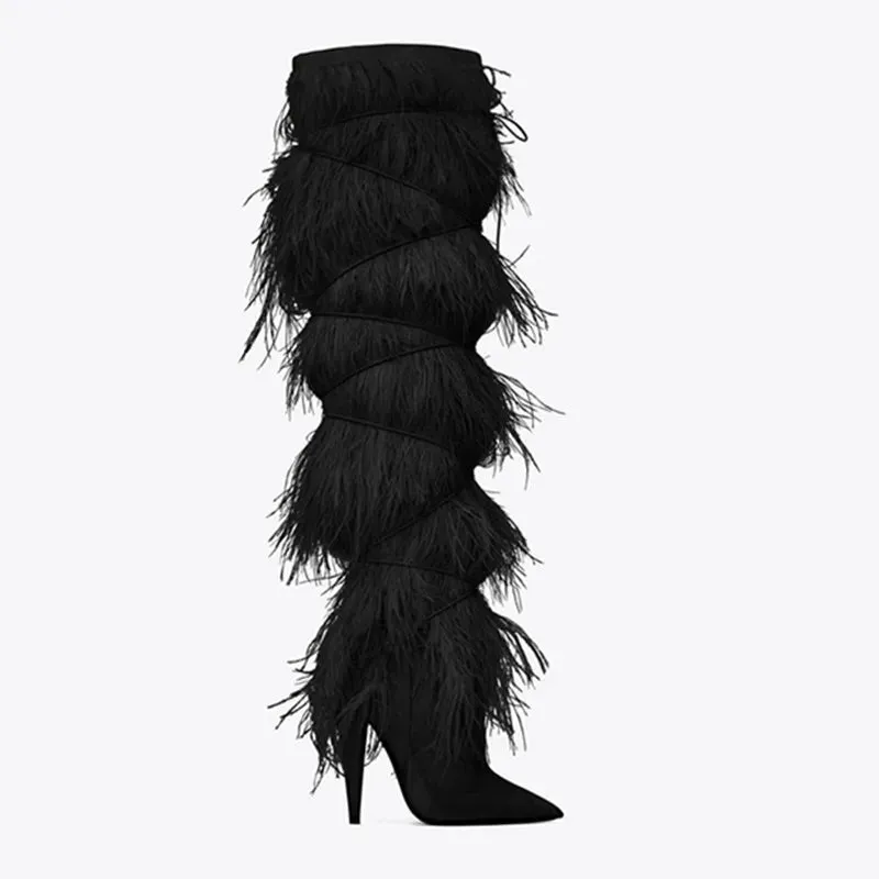 Feather Women's High Boots Suede Cross-tied Pointed Toe Party High Heel Shoes Sexy Ostrich Feather Women's Over The Knee Boots
