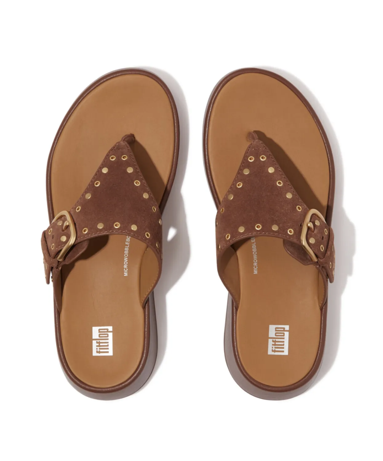 Fitflop F-Mode Buckle Stud Suede/Leather Flatform Toe Post Brown