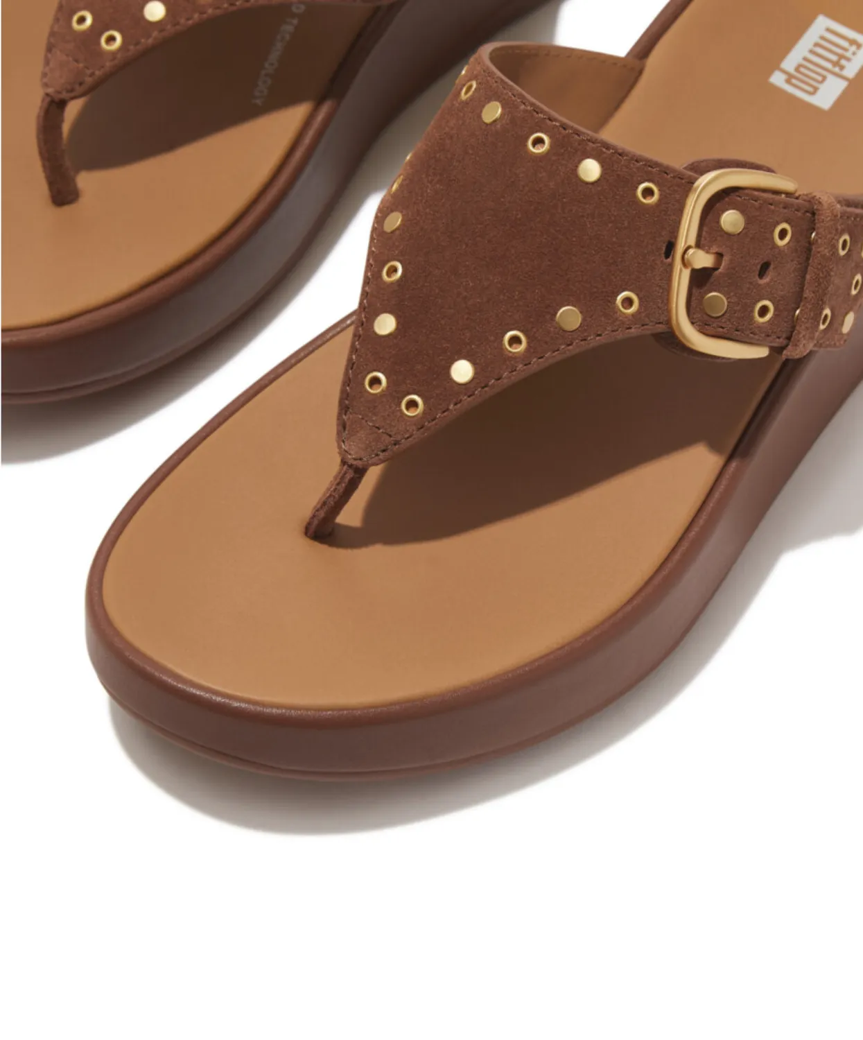 Fitflop F-Mode Buckle Stud Suede/Leather Flatform Toe Post Brown