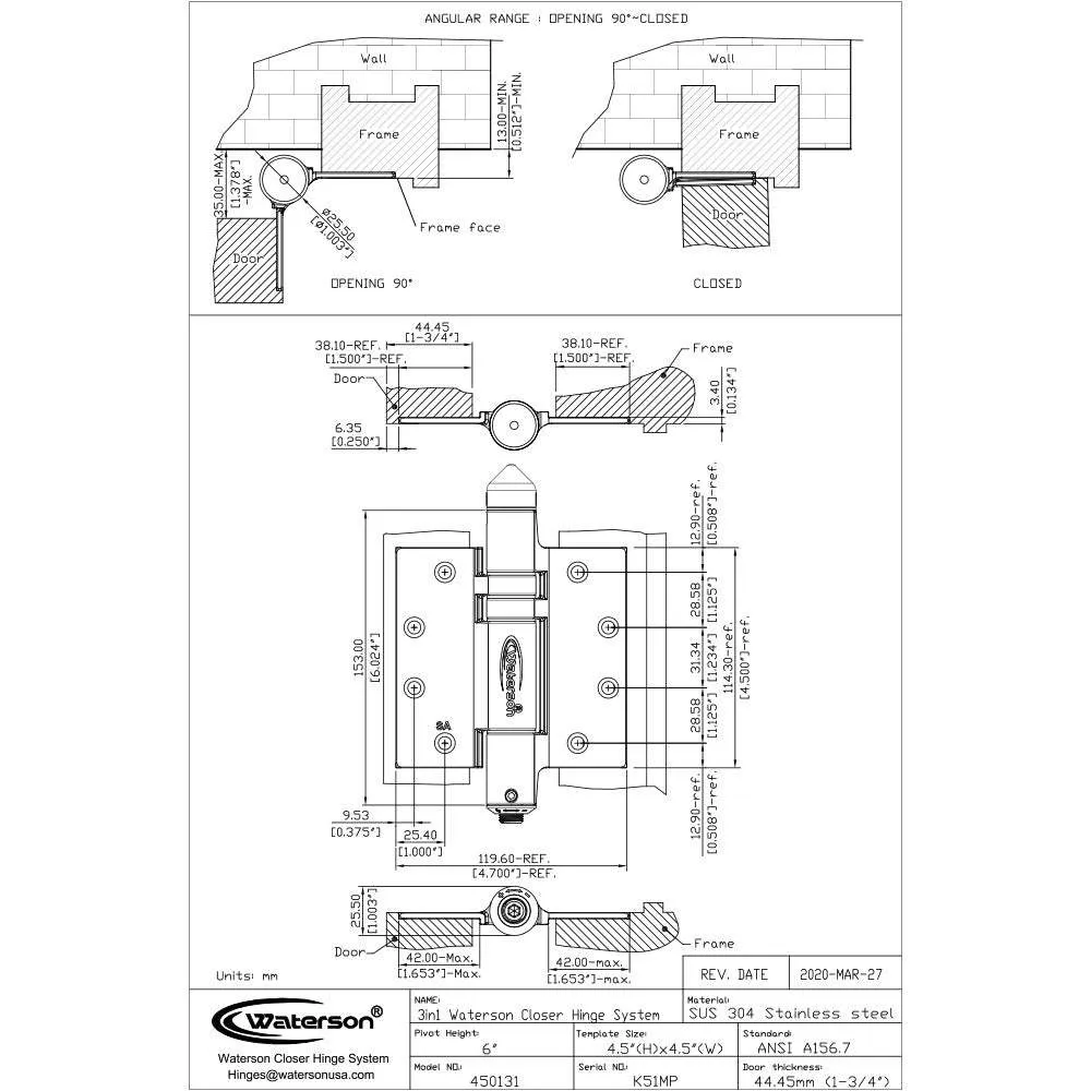 Gate Hinge Self Closing | 7ft | SS304 | K51MP-D3 | 3 Pack