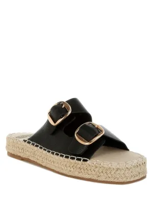 Genuine Leather Espadrille Flatform Sandals Slip On Cushioned Comfort 1" Heel Casual Chic Style