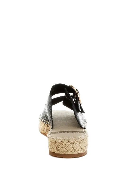 Genuine Leather Espadrille Flatform Sandals Slip On Cushioned Comfort 1" Heel Casual Chic Style