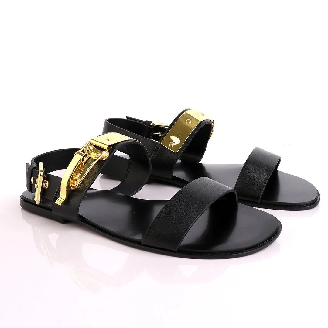 Giuseppe Zanotti Black Gold Ski-Buckle Leather Sandal