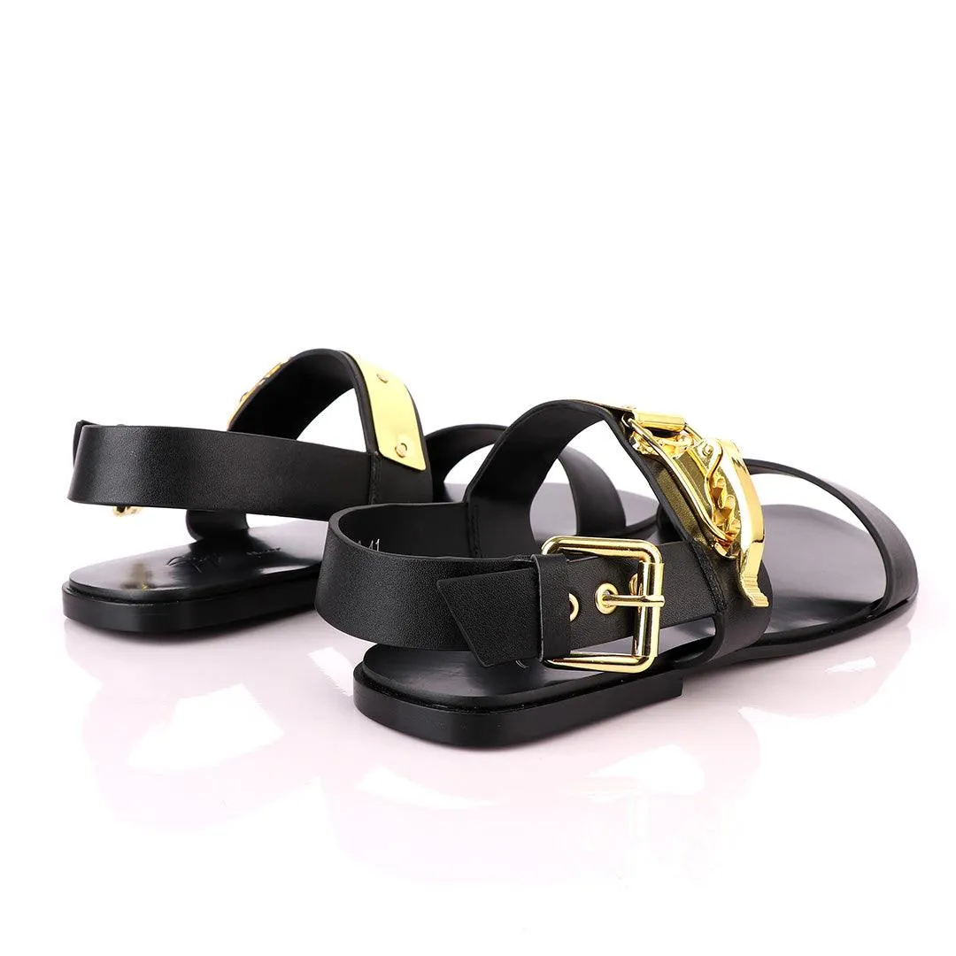 Giuseppe Zanotti Black Gold Ski-Buckle Leather Sandal