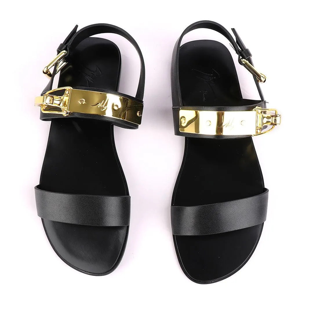 Giuseppe Zanotti Black Gold Ski-Buckle Leather Sandal
