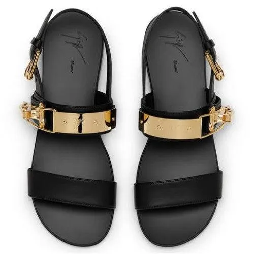 Giuseppe Zanotti Black Gold Ski-Buckle Leather Sandal