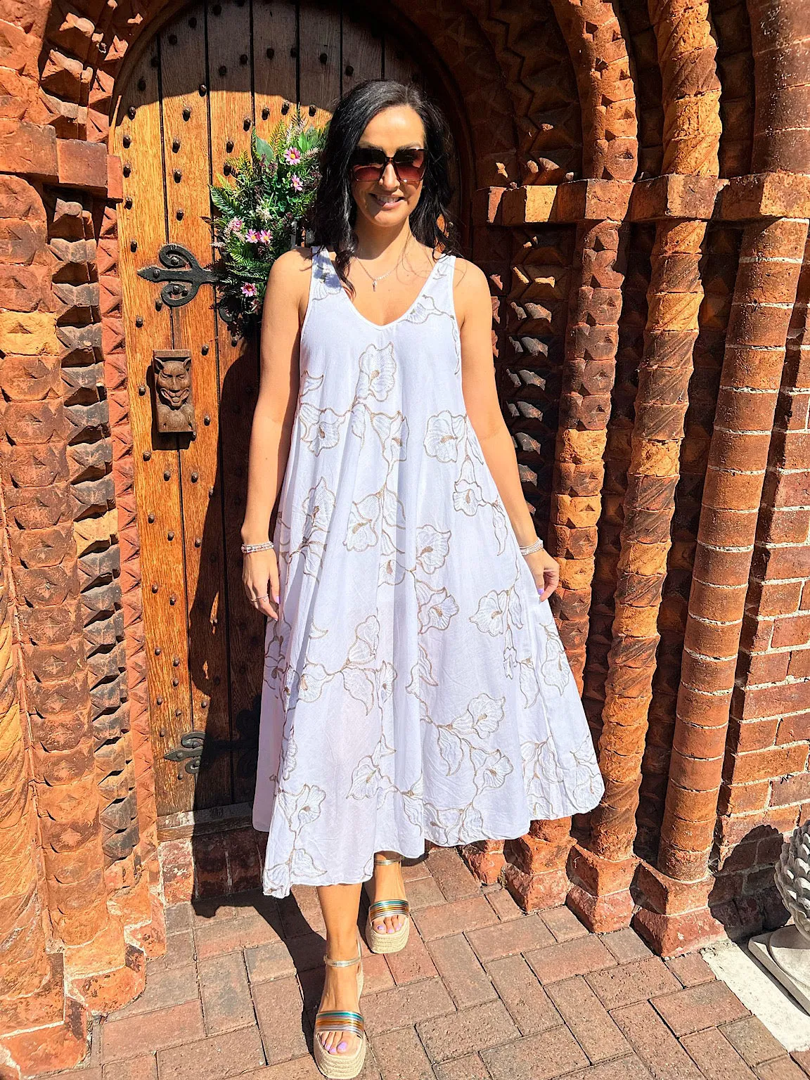 Gold Floral Embroidered Summer Dress Piper