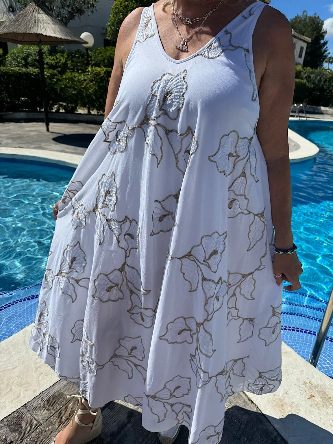 Gold Floral Embroidered Summer Dress Piper