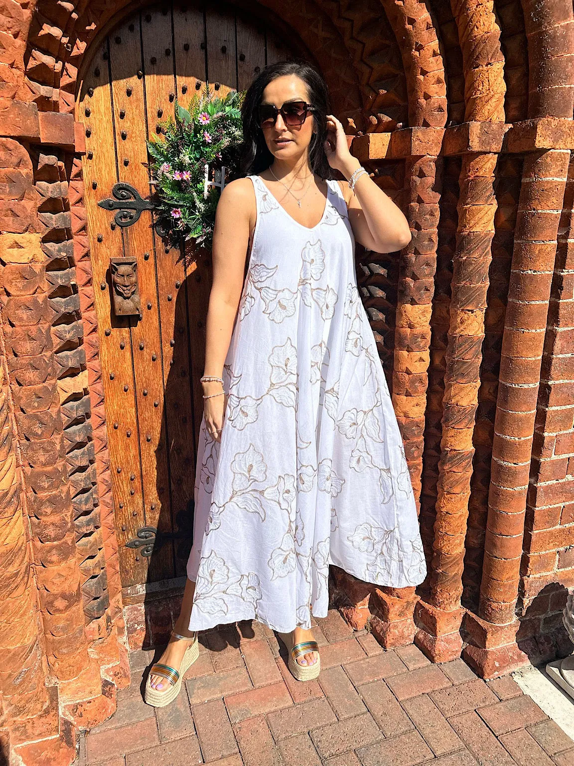 Gold Floral Embroidered Summer Dress Piper