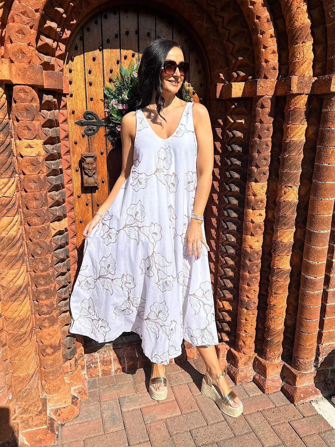 Gold Floral Embroidered Summer Dress Piper