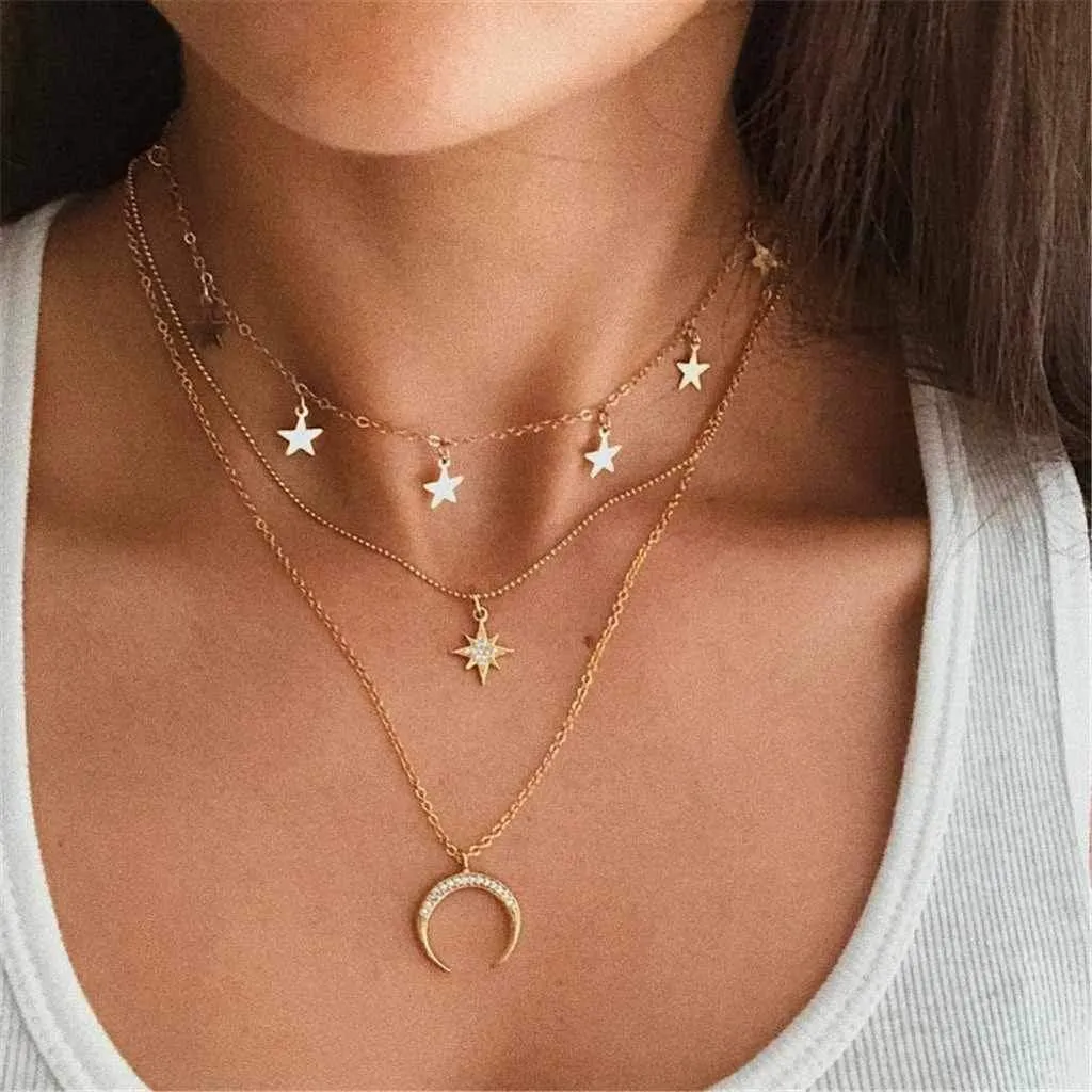 Gold Plated Trendy Star & Moon Layered Charm Choker Necklace